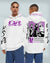 "Tokyo Manji Oversized Hoodie in white color made of 350 GSM cotton fleece, featuring black printed sleeves and back print of Tokyo Manji gang with chest print of Tokyo Gang typo and symbol in purple color and Tokyo Manji Print on hood